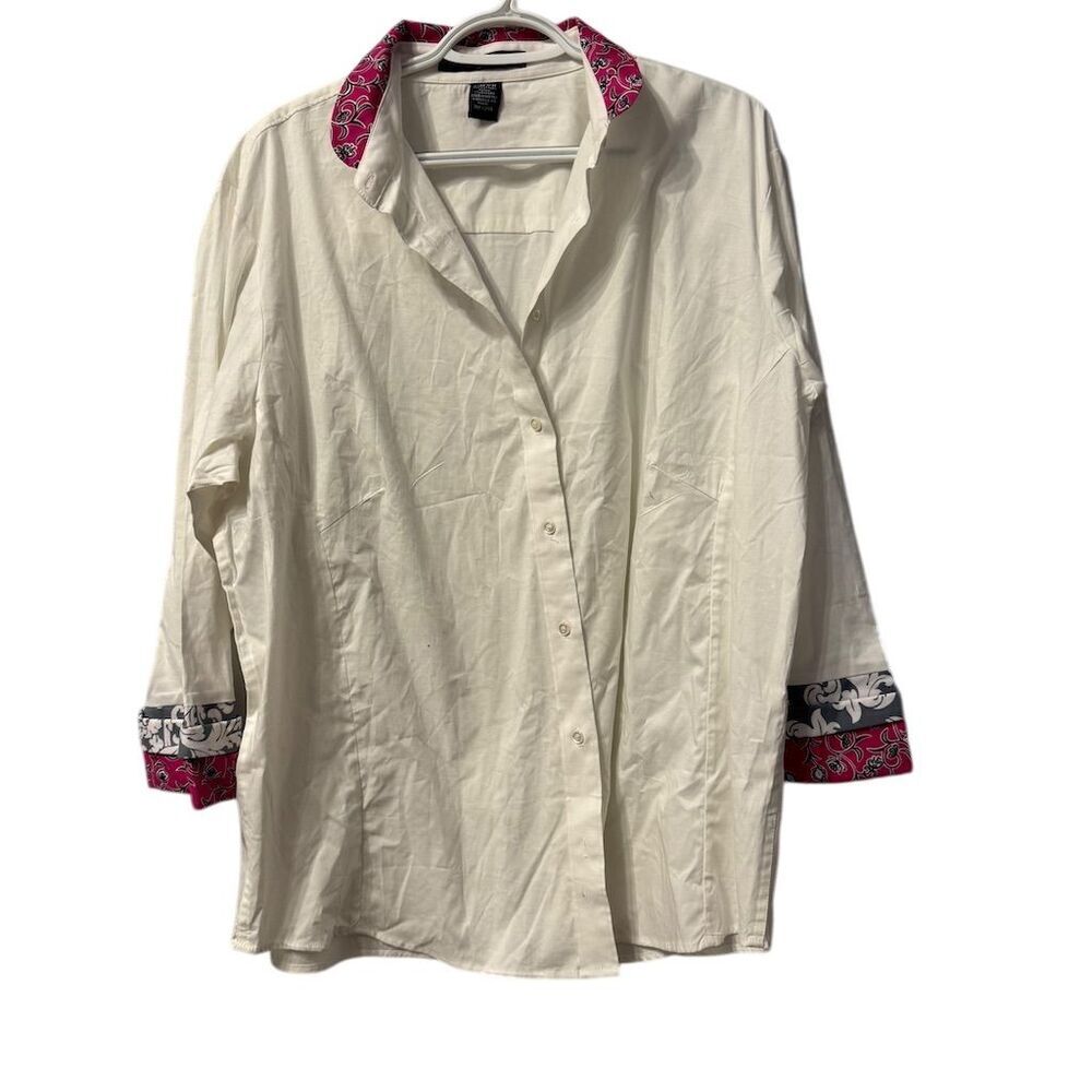 Pearly Vine Womens 2XL White Button Down Shirt Pink Floral Contrast Cuff Stretch